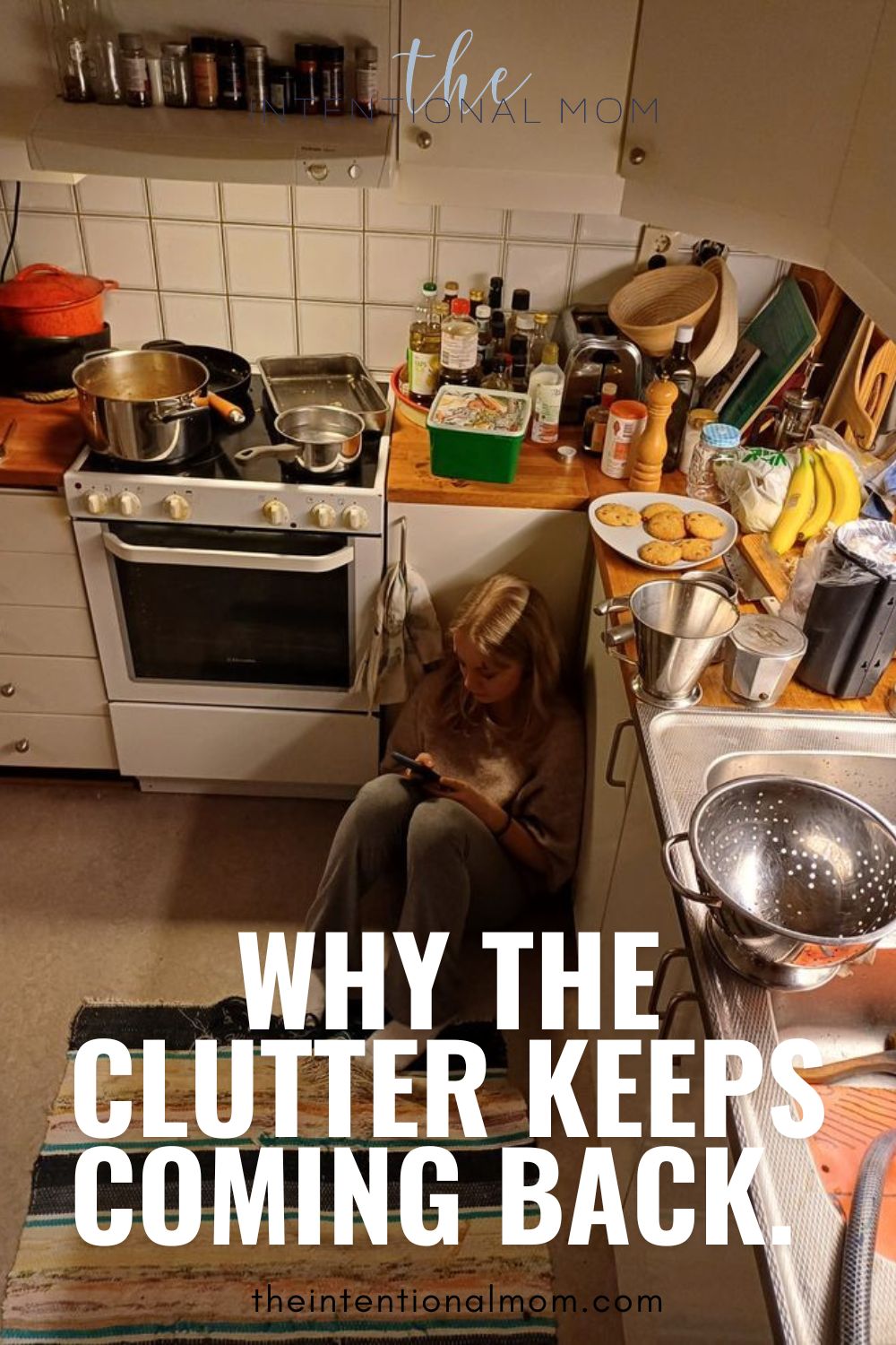 Overwhelmed woman standing in a cluttered kitchen wondering why clutter keeps coming back